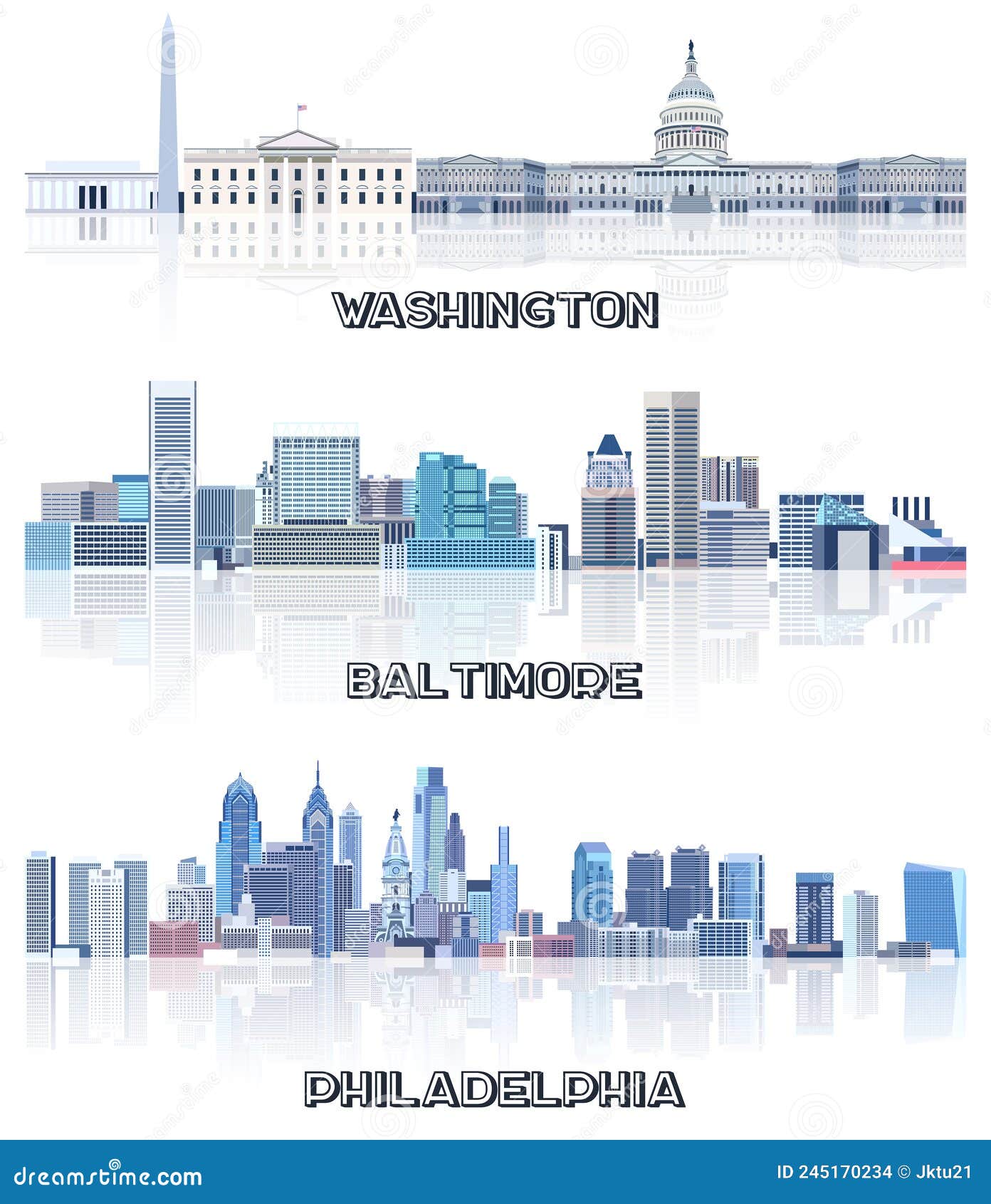  collection of united states cityscapes: washington, baltimore, philadelphia skylines in tints of blue color palette. ÃÂ¡